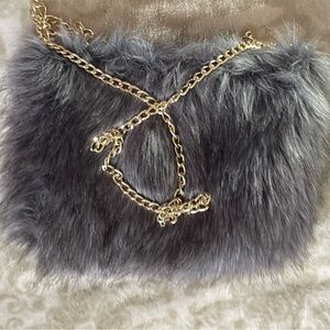 Gray Faux Fur Chain Shoulder Bag